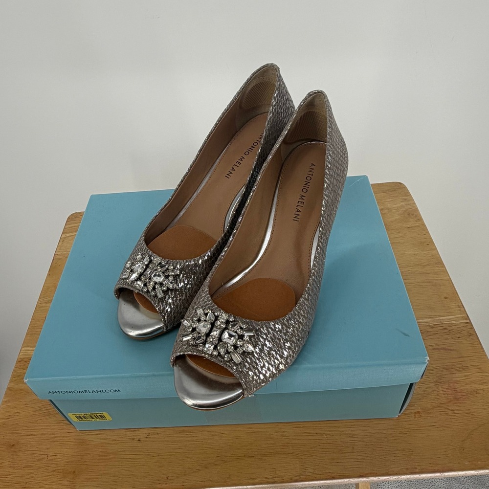 Antonio Melani Essie Wedge Women 8.5 Silver Crystal Peep Toe Snakeskin Glam Luxe